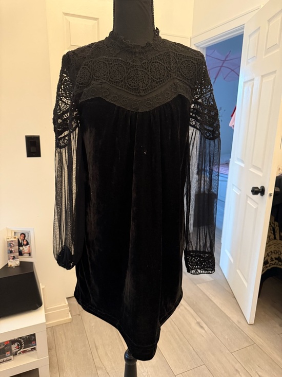 Zara Dresses & Skirts - Zara Black Lace-Yoke Velvet Long-Sleeve Mini Dress